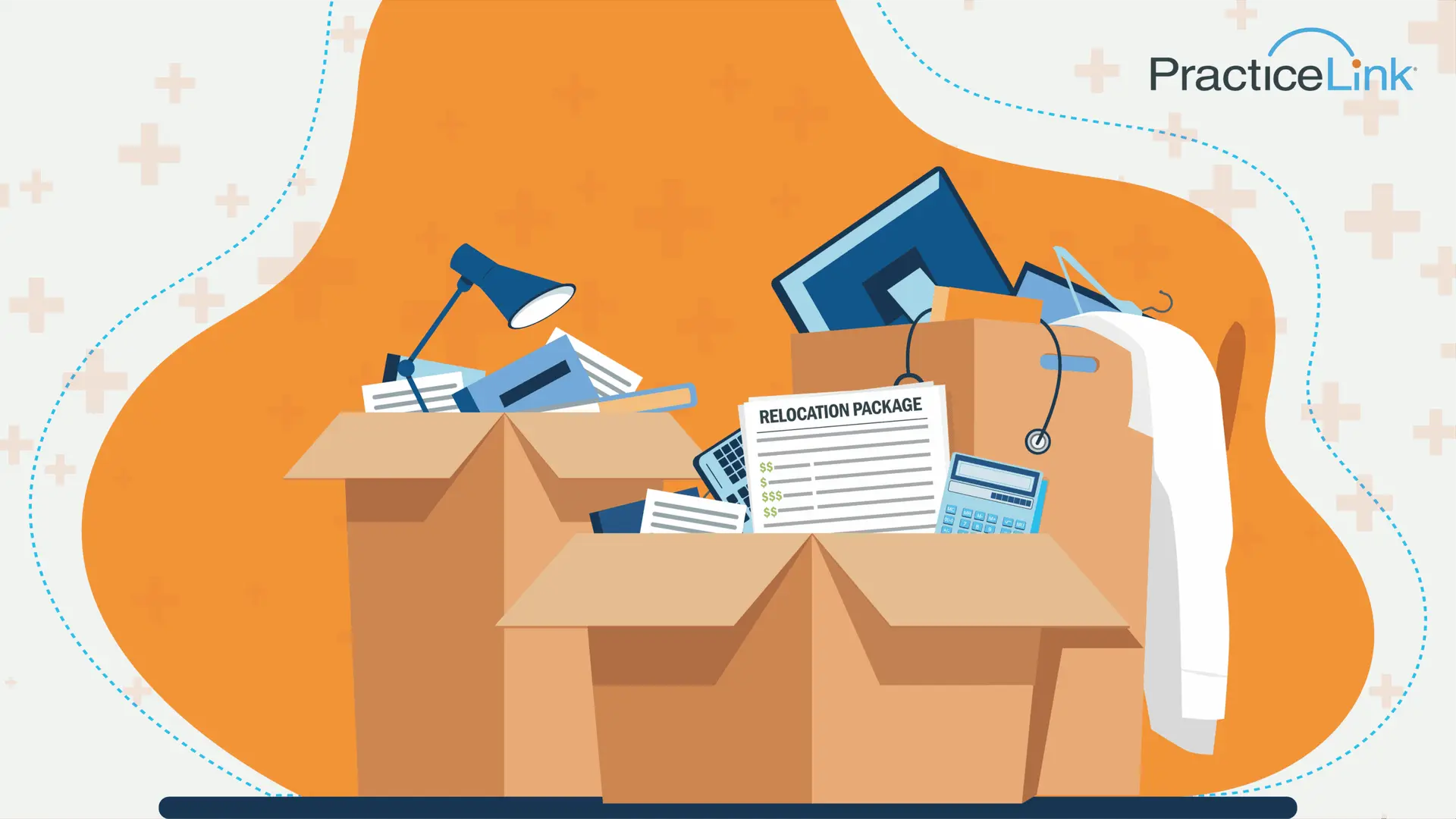 A physician's belongings packed in moving boxes.