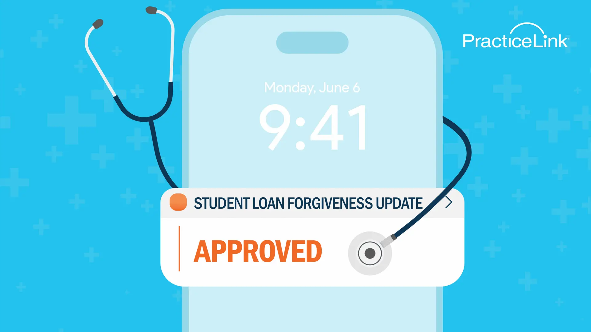 A phone showing an alert that a medical school student loan debt has been approved to be forgiven.